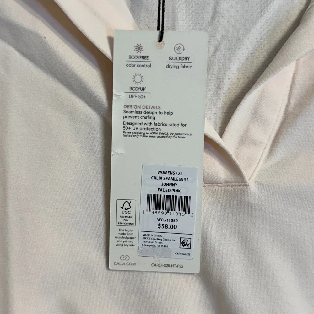 CALIA Seamless Johnny Collar Polo Faded Pink Short Sleeve‎ Golf Shirt Top XL